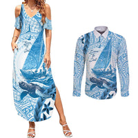 New Zealand Sailing Couples Matching Summer Maxi Dress and Long Sleeve Button Shirt Aotearoa Yacht Racing - Born To Sail LT14 Blue - Polynesian Pride