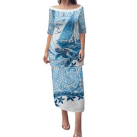 New Zealand Sailing Family Matching Puletasi and Hawaiian Shirt Aotearoa Yacht Racing - Born To Sail LT14 Mom's Dress Blue - Polynesian Pride