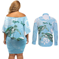 Personalised Polynesia Valentine's Day Couples Matching Off Shoulder Short Dress and Long Sleeve Button Shirt SeaTurtle Couple Polynesian - Fairy Sparkles Color LT14 - Polynesian Pride