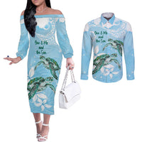 Personalised Polynesia Valentine's Day Couples Matching Off The Shoulder Long Sleeve Dress and Long Sleeve Button Shirt SeaTurtle Couple Polynesian - Fairy Sparkles Color LT14 Blue - Polynesian Pride