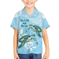Personalised Polynesia Valentine's Day Family Matching Off The Shoulder Long Sleeve Dress and Hawaiian Shirt SeaTurtle Couple Polynesian - Fairy Sparkles Color LT14 Son's Shirt Blue - Polynesian Pride