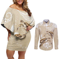 Happy Valentine's Day Polynesia Couples Matching Off Shoulder Short Dress and Long Sleeve Button Shirt SeaTurtle Couple Polynesian - Pollinate Color LT14 Beige - Polynesian Pride
