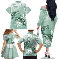 Happy Valentine's Day Polynesia Family Matching Off The Shoulder Long Sleeve Dress and Hawaiian Shirt SeaTurtle Couple Polynesian - Green Lester Color LT14 - Polynesian Pride