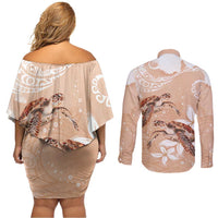 Happy Valentine's Day Polynesia Couples Matching Off Shoulder Short Dress and Long Sleeve Button Shirt SeaTurtle Couple Polynesian - Desert Sand Color LT14 - Polynesian Pride