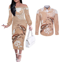 Happy Valentine's Day Polynesia Couples Matching Off The Shoulder Long Sleeve Dress and Long Sleeve Button Shirt SeaTurtle Couple Polynesian - Desert Sand Color LT14 Desert Sand - Polynesian Pride
