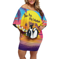 Hawaii Penguin Couple Family Matching Off Shoulder Short Dress and Hawaiian Shirt You Are My Valentine - Tropical Sunset Vibes LT14 Mom's Dress Purple - Polynesian Pride