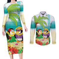 Hawaii Penguin Couple Couples Matching Long Sleeve Bodycon Dress and Long Sleeve Button Shirt Hawaiian Kakau - Tropical Summer Vibes LT14 Cyan - Polynesian Pride