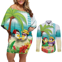 Hawaii Penguin Couple Couples Matching Off Shoulder Short Dress and Long Sleeve Button Shirt Hawaiian Kakau - Tropical Summer Vibes LT14 Cyan - Polynesian Pride