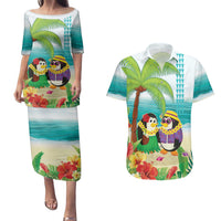 Hawaii Penguin Couple Couples Matching Puletasi and Hawaiian Shirt Hawaiian Kakau - Tropical Summer Vibes LT14 Cyan - Polynesian Pride
