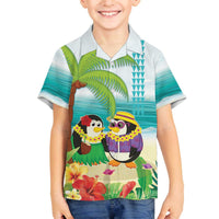 Hawaii Penguin Couple Family Matching Off The Shoulder Long Sleeve Dress and Hawaiian Shirt Hawaiian Kakau - Tropical Summer Vibes LT14 Son's Shirt Cyan - Polynesian Pride