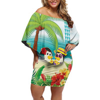 Hawaii Penguin Couple Family Matching Off Shoulder Short Dress and Hawaiian Shirt Hawaiian Kakau - Tropical Summer Vibes LT14 Mom's Dress Cyan - Polynesian Pride