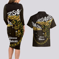 New Zealand Matariki Couples Matching Long Sleeve Bodycon Dress and Hawaiian Shirt Maori New Year Silver Fern And Lizard - Gold LT14 - Polynesian Pride