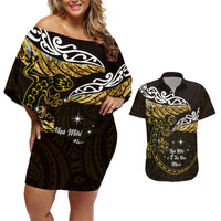 New Zealand Matariki Couples Matching Off Shoulder Short Dress and Hawaiian Shirt Maori New Year Silver Fern And Lizard - Gold LT14 Gold - Polynesian Pride