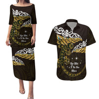 New Zealand Matariki Couples Matching Puletasi and Hawaiian Shirt Maori New Year Silver Fern And Lizard - Gold LT14 Gold - Polynesian Pride