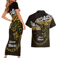 New Zealand Matariki Couples Matching Short Sleeve Bodycon Dress and Hawaiian Shirt Maori New Year Silver Fern And Lizard - Gold LT14 - Polynesian Pride