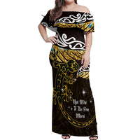 New Zealand Matariki Off Shoulder Maxi Dress Maori New Year Silver Fern And Lizard - Gold LT14 Women Gold - Polynesian Pride
