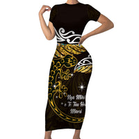 New Zealand Matariki Short Sleeve Bodycon Dress Maori New Year Silver Fern And Lizard - Gold LT14 Long Dress Gold - Polynesian Pride