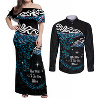 New Zealand Matariki Couples Matching Off Shoulder Maxi Dress and Long Sleeve Button Shirt Maori New Year Silver Fern And Lizard - Turquosie LT14 Turquoise - Polynesian Pride