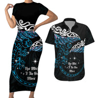 New Zealand Matariki Couples Matching Short Sleeve Bodycon Dress and Hawaiian Shirt Maori New Year Silver Fern And Lizard - Turquosie LT14 Turquoise - Polynesian Pride
