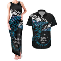 New Zealand Matariki Couples Matching Tank Maxi Dress and Hawaiian Shirt Maori New Year Silver Fern And Lizard - Turquosie LT14 Turquoise - Polynesian Pride