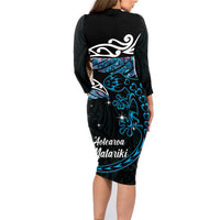 New Zealand Matariki Family Matching Long Sleeve Bodycon Dress and Hawaiian Shirt Maori New Year Silver Fern And Lizard - Turquosie LT14 - Polynesian Pride