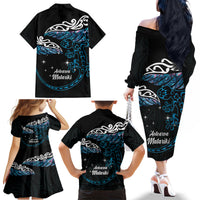 New Zealand Matariki Family Matching Off The Shoulder Long Sleeve Dress and Hawaiian Shirt Maori New Year Silver Fern And Lizard - Turquosie LT14 - Polynesian Pride