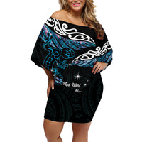 New Zealand Matariki Family Matching Off Shoulder Short Dress and Hawaiian Shirt Maori New Year Silver Fern And Lizard - Turquosie LT14 Mom's Dress Turquoise - Polynesian Pride