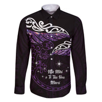 New Zealand Matariki Family Matching Off The Shoulder Long Sleeve Dress and Hawaiian Shirt Maori New Year Silver Fern And Lizard - Purple LT14 Dad's Shirt - Long Sleeve Purple - Polynesian Pride