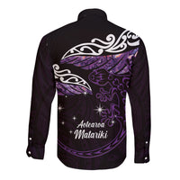 New Zealand Matariki Long Sleeve Button Shirt Maori New Year Silver Fern And Lizard - Purple LT14 - Polynesian Pride