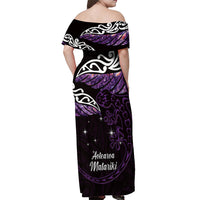 New Zealand Matariki Off Shoulder Maxi Dress Maori New Year Silver Fern And Lizard - Purple LT14 - Polynesian Pride