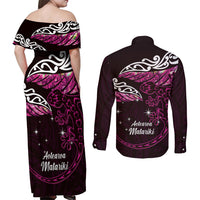 New Zealand Matariki Couples Matching Off Shoulder Maxi Dress and Long Sleeve Button Shirt Maori New Year Silver Fern And Lizard - Pink LT14 - Polynesian Pride