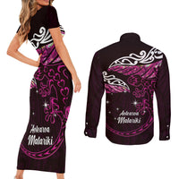 New Zealand Matariki Couples Matching Short Sleeve Bodycon Dress and Long Sleeve Button Shirt Maori New Year Silver Fern And Lizard - Pink LT14 - Polynesian Pride