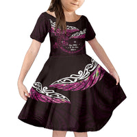 New Zealand Matariki Family Matching Off The Shoulder Long Sleeve Dress and Hawaiian Shirt Maori New Year Silver Fern And Lizard - Pink LT14 Daughter's Dress Pink - Polynesian Pride