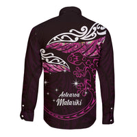 New Zealand Matariki Long Sleeve Button Shirt Maori New Year Silver Fern And Lizard - Pink LT14 - Polynesian Pride