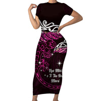 New Zealand Matariki Short Sleeve Bodycon Dress Maori New Year Silver Fern And Lizard - Pink LT14 Long Dress Pink - Polynesian Pride