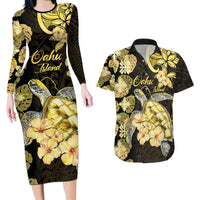 Personalised Aloha Hawaii Oahu Island Couples Matching Long Sleeve Bodycon Dress and Hawaiian Shirt Gathering Place Sea Turtle Ilima Flowers