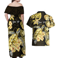 Personalised Aloha Hawaii Oahu Island Couples Matching Off Shoulder Maxi Dress and Hawaiian Shirt Gathering Place Sea Turtle Ilima Flowers