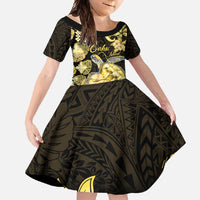 Personalised Aloha Hawaii Oahu Island Family Matching Off Shoulder Maxi Dress and Hawaiian Shirt Gathering Place Sea Turtle Ilima Flowers LT14 Daughter's Dress Yellow - Polynesian Pride