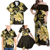 Personalised Aloha Hawaii Oahu Island Family Matching Off Shoulder Maxi Dress and Hawaiian Shirt Gathering Place Sea Turtle Ilima Flowers LT14 - Polynesian Pride