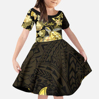 Personalised Aloha Hawaii Oahu Island Family Matching Puletasi and Hawaiian Shirt Gathering Place Sea Turtle Ilima Flowers LT14 Daughter's Dress Yellow - Polynesian Pride