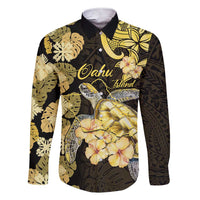 Personalised Aloha Hawaii Oahu Island Family Matching Short Sleeve Bodycon Dress and Hawaiian Shirt Gathering Place Sea Turtle Ilima Flowers