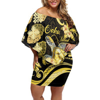 Personalised Aloha Hawaii Oahu Island Off Shoulder Short Dress Gathering Place Sea Turtle Ilima Flowers LT14 Women Yellow - Polynesian Pride