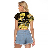 Personalised Aloha Hawaii Oahu Island Raglan Cropped T Shirt Gathering Place Sea Turtle Ilima Flowers LT14 - Polynesian Pride