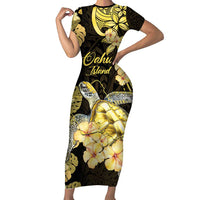 Personalised Aloha Hawaii Oahu Island Short Sleeve Bodycon Dress Gathering Place Sea Turtle Ilima Flowers LT14 Long Dress Yellow - Polynesian Pride