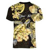 Personalised Aloha Hawaii Oahu Island Women V-Neck T-Shirt Gathering Place Sea Turtle Ilima Flowers LT14 - Polynesian Pride