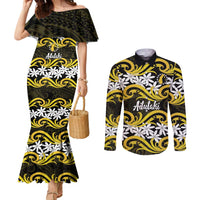Personalised Cook Islands Aitutaki Couples Matching Mermaid Dress and Long Sleeve Button Shirt Tiare Maori Polynesian Waves Tattoo LT14 Yellow - Polynesian Pride