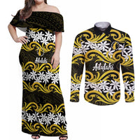 Personalised Cook Islands Aitutaki Couples Matching Off Shoulder Maxi Dress and Long Sleeve Button Shirt Tiare Maori Polynesian Waves Tattoo LT14 Yellow - Polynesian Pride