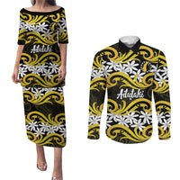 Personalised Cook Islands Aitutaki Couples Matching Puletasi and Long Sleeve Button Shirt Tiare Maori Polynesian Waves Tattoo LT14 Yellow - Polynesian Pride