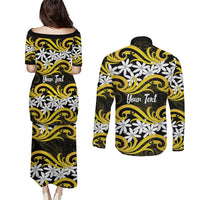 Personalised Cook Islands Aitutaki Couples Matching Puletasi and Long Sleeve Button Shirt Tiare Maori Polynesian Waves Tattoo LT14 - Polynesian Pride