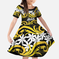 Personalised Cook Islands Aitutaki Family Matching Mermaid Dress and Hawaiian Shirt Tiare Maori Polynesian Waves Tattoo LT14 Daughter's Dress Yellow - Polynesian Pride